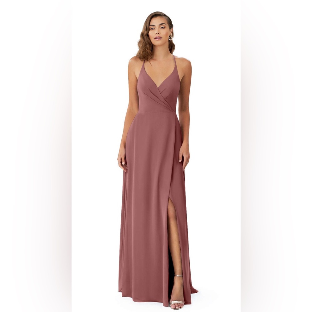 Azazie Davis A-Line V-Neck Chiffon Floor-Length Dress Desert Rose Size A10